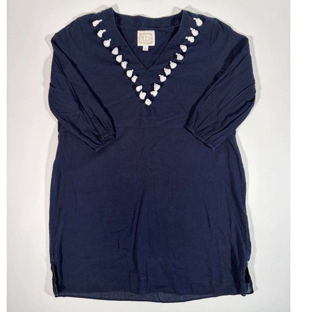 STS Sail to Sable Dress Navy White Tassel Tunic Coastal Resort Boho Large - Picture 2 of 4